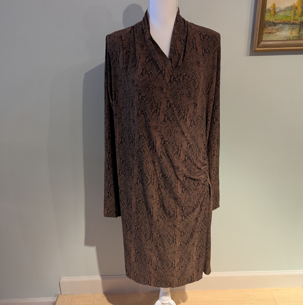 Norma Kamali Women's XL Brown Reptile Print Faux Wrap Dress Stretch Ruched